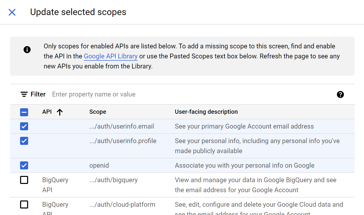 Select these three scopes in Add/Update scopes pane