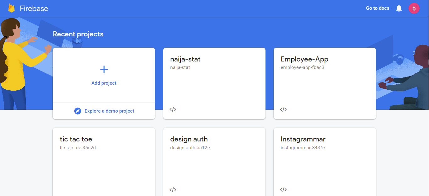 Firebase console dashboard