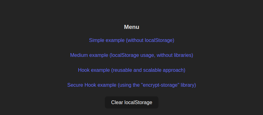 menu of examples, development server screenshot